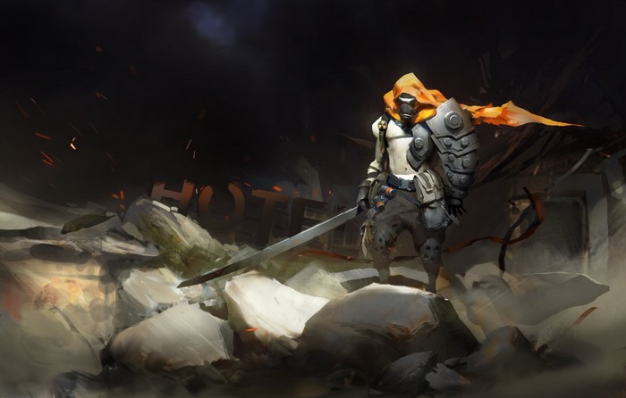 Fantasy warrior with sword in ruined landscape