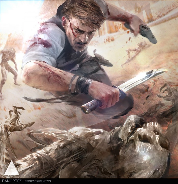 Warrior fighting zombies with knife and gun