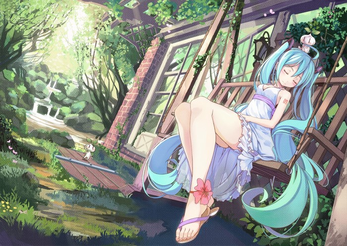 Hatsune Miku sleeping on a swing in a garden