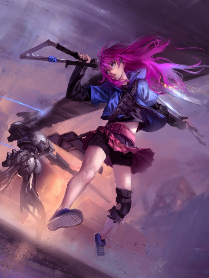 Anime girl with pink hair and swords near a mecha