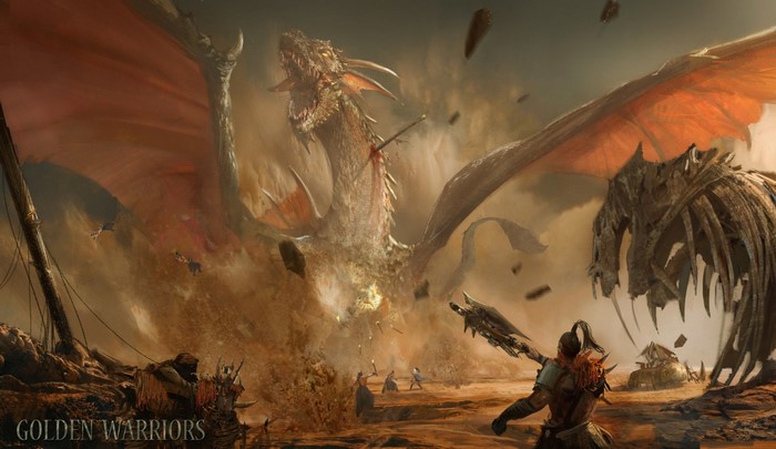 Dragon battle with warriors and skeleton