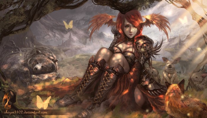 Fantasy woman warrior with wings and animals
