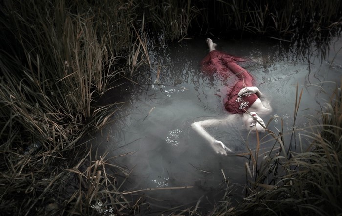 Woman in red dress floating in dark water surrounded by reeds