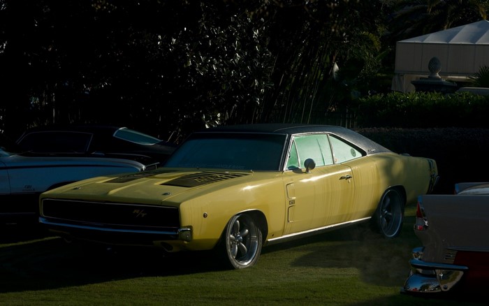 Yellow 1968 Dodge Charger R/T parked on grass