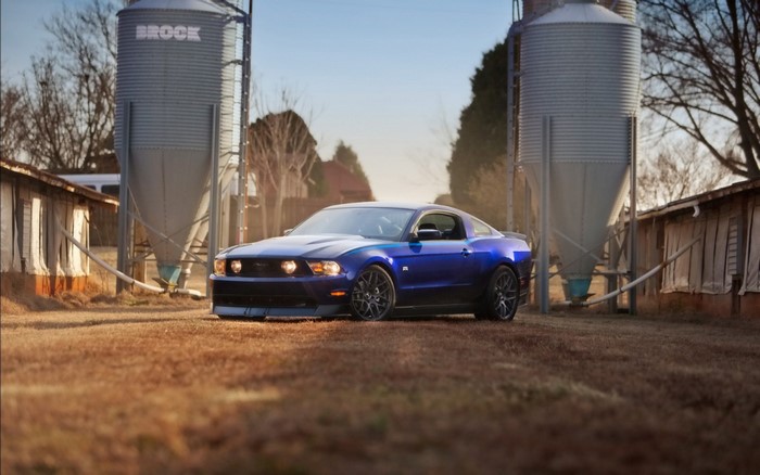 Blue Ford Mustang parked between silos