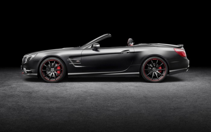 Matte black Mercedes-Benz SL convertible with red accents