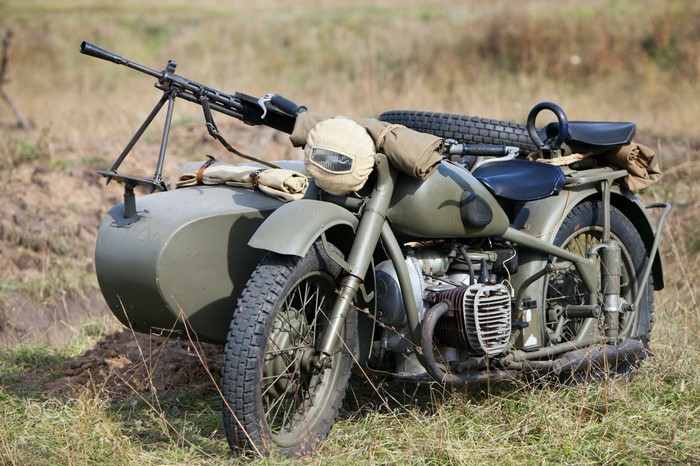 Military motorcycle with sidecar and machine gun