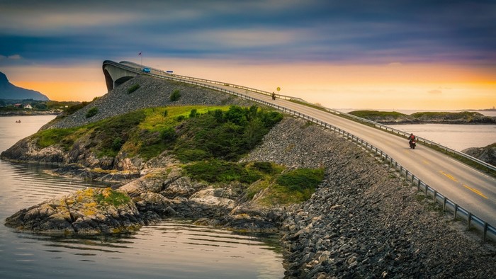 Atlantic Ocean Road bridge over sea at sunset
