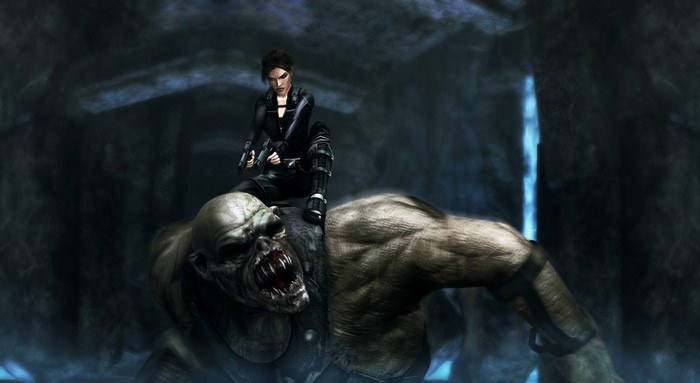 Lara Croft from Tomb Raider riding a monster