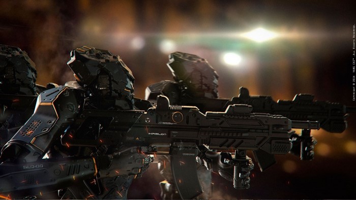 Robots with futuristic weapons in a sci-fi setting