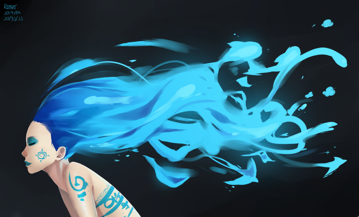Woman with blue glowing hair and body paint