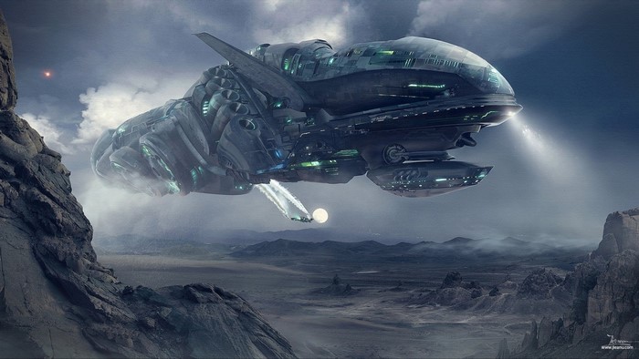 Futuristic Ghost Ship Flying Over Rocky Terrain