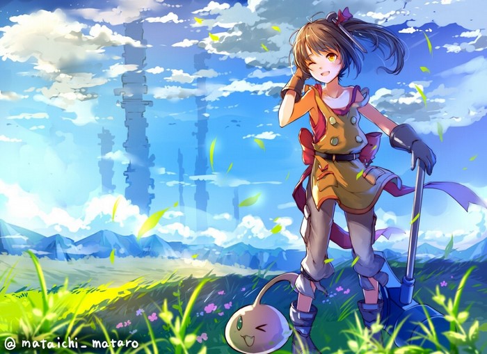 Anime girl with a creature and a shovel in a field