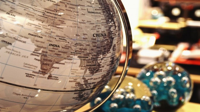 Close up of a world globe showing Asia