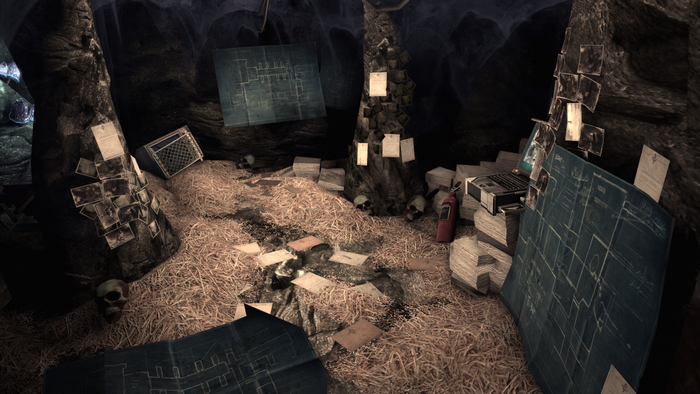 Batman: Arkham Asylum screenshot with blueprints and photos