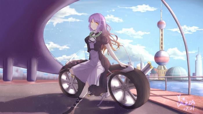 Hijiri Byakuren from Touhou on a motorcycle