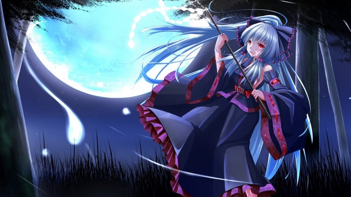 Anime girl with blue hair and red eyes under the moon