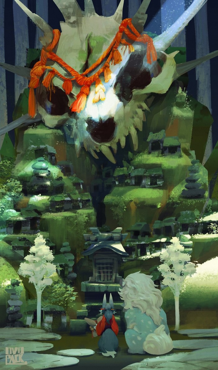 Digital painting of a fantasy village built on a giant skull