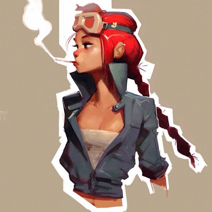 Anime girl with red hair smoking and wearing goggles