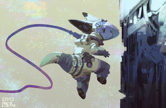 Anime character in a spacesuit with a purple ribbon