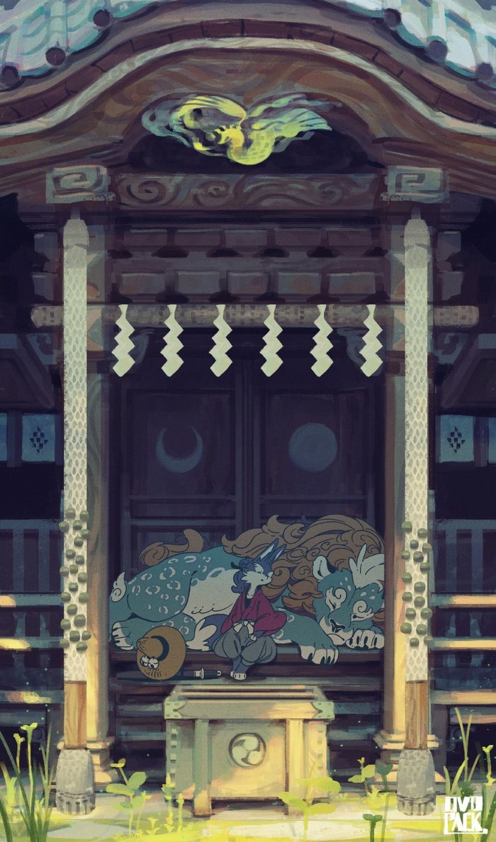 Anthropomorphic characters resting at a Japanese shrine