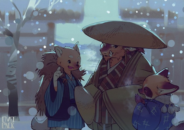 Anthropomorphic characters in a snowy landscape