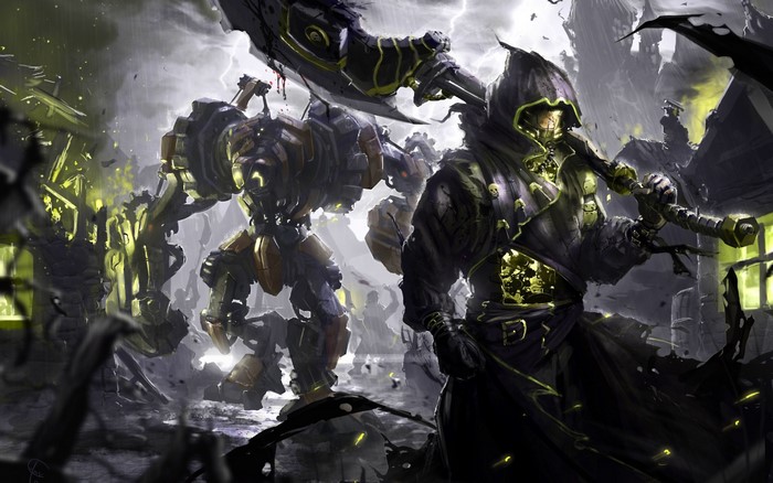 Grim Reaper with a Mecha Robot in a Ruined City