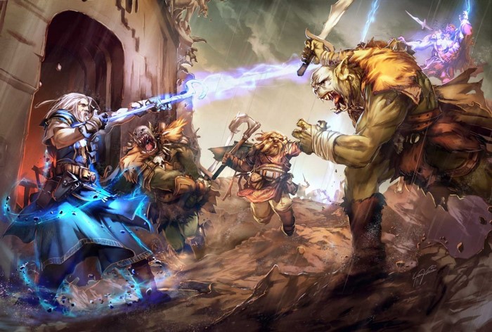 Fantasy battle between warriors and orcs with magic