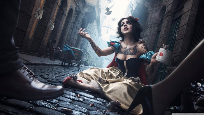 Snow White cosplay with tattoos and mice in alley