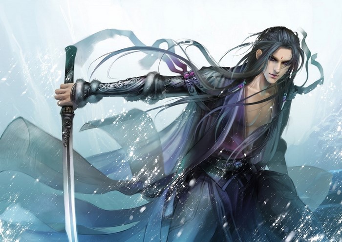 Anime man with sword in winter