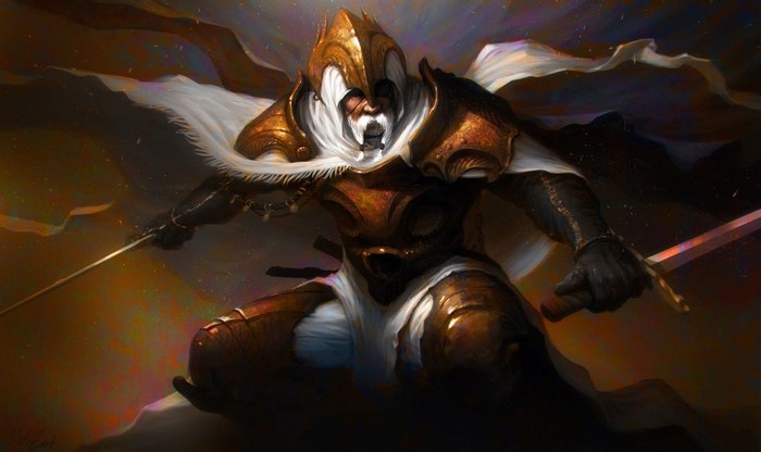Warrior in golden armor with swords