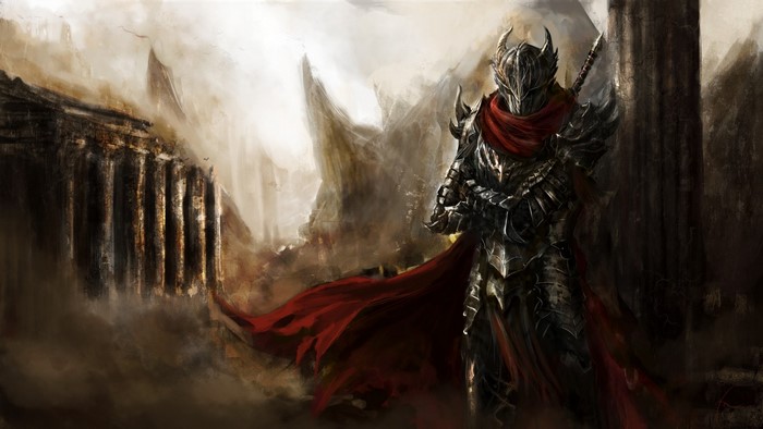 Warrior in ornate armor with red cloak in ruins