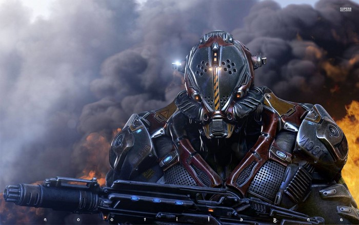 Robot warrior with a gun in smoke and fire