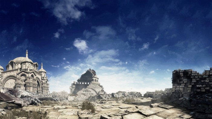 Ruined temple with dragon and blue sky in Dark Souls III