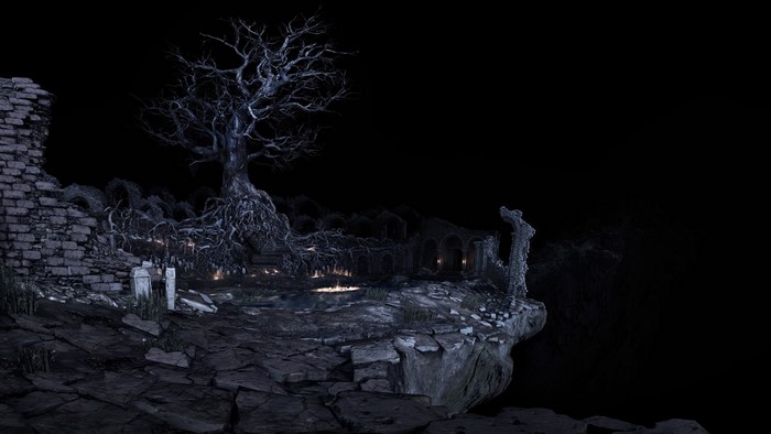 Dark Souls III screenshot of a graveyard with a tree