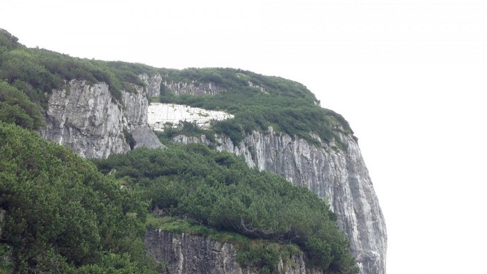 Rocky mountain cliff face with green vegetation