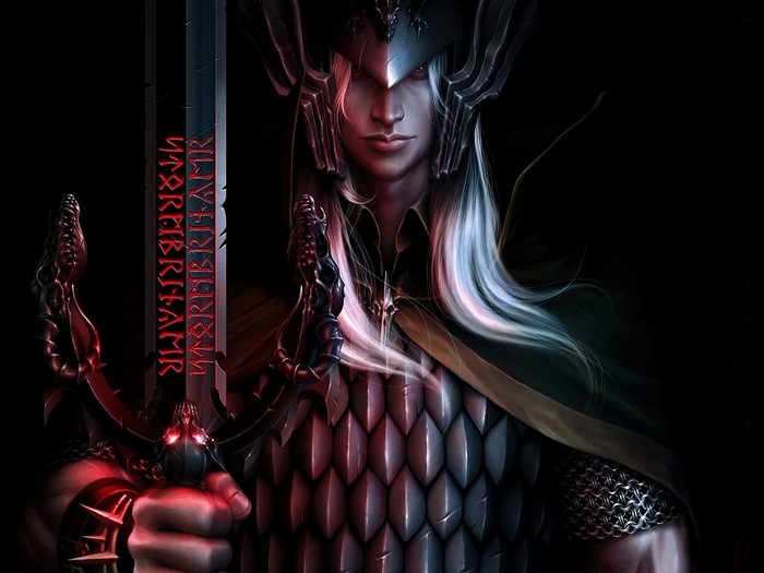 Warrior with ornate sword and helmet