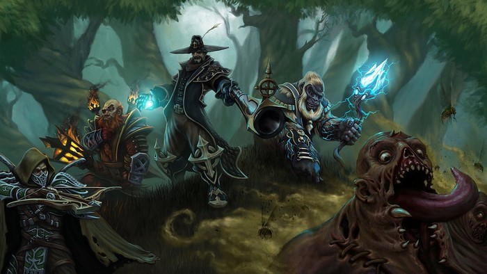 Fantasy characters fighting a zombie in a forest