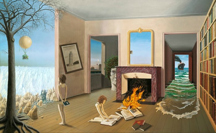 Surreal Room with Burning Books and Ocean Waves