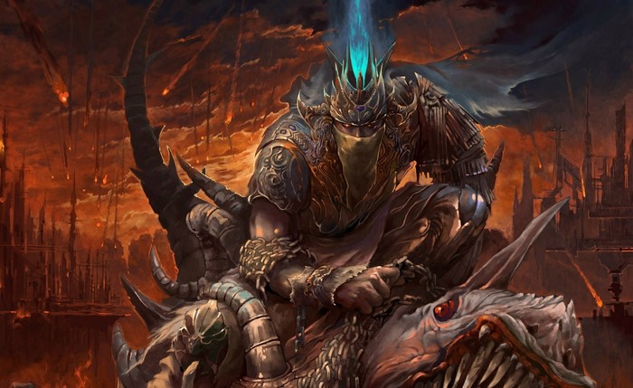 Fantasy warrior on a dragon in a fiery landscape