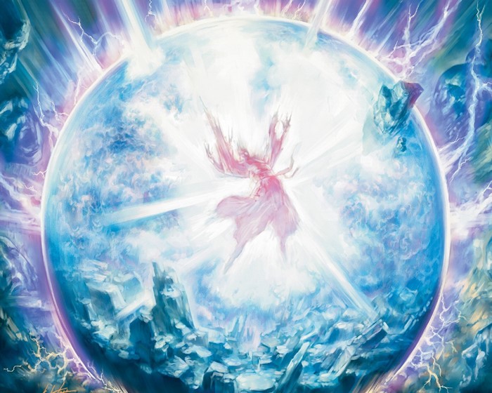 Fantasy art of a pink figure in a glowing sphere