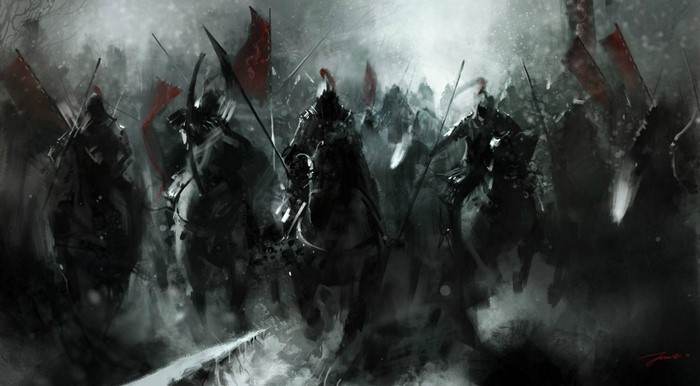 Warriors on horseback with banners in a dark, snowy landscape