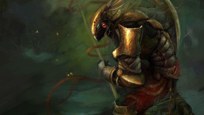 Fantasy warrior in ornate armor with red eyes