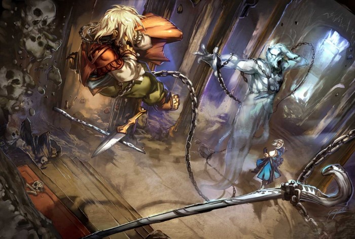 Warrior fighting a chained spirit with a knife