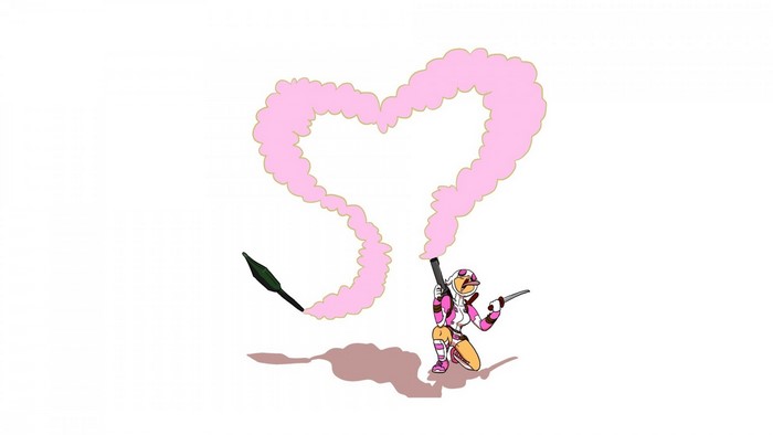 Gwenpool firing pink smoke grenade creating a heart shape