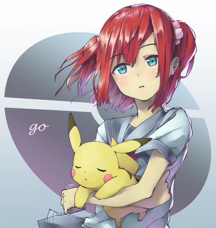 Anime girl with red hair holding Pikachu from Pokemon Go