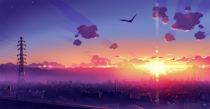 Anime city skyline at sunset with birds flying