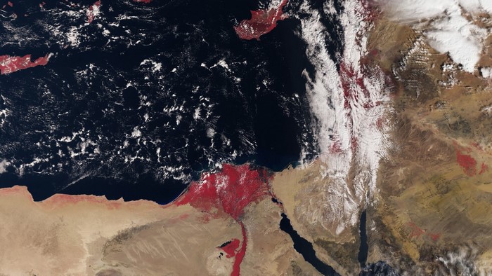 Satellite view of the Mediterranean Sea, Egypt, and Israel