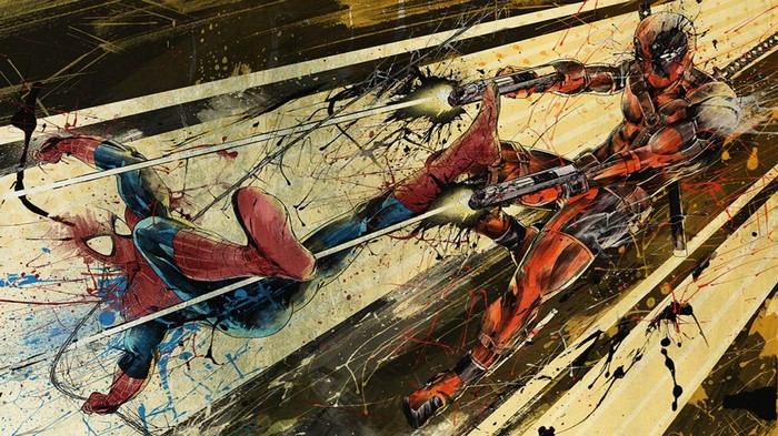 Spider-Man and Deadpool fighting with guns