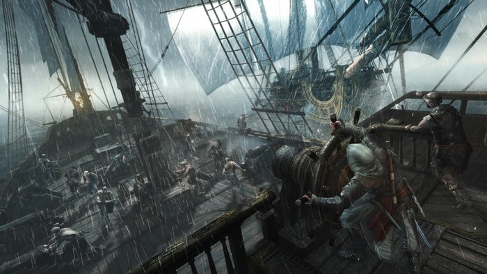 Edward Kenway from Assassin's Creed on a pirate ship during a storm